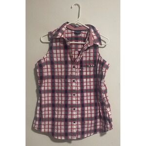 Columbia PFG Womens XL Sleeveless Plaid Button Up Shirt Red Navy Performance Top